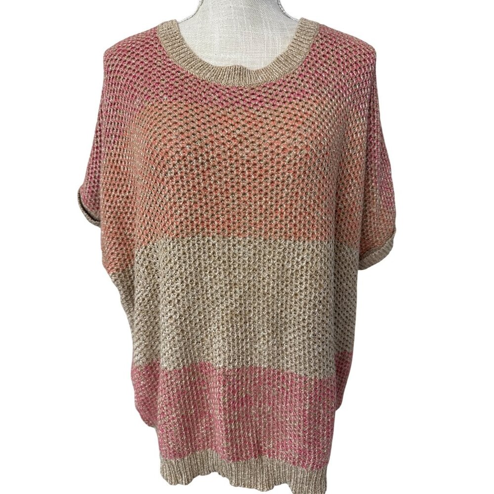 Chico's Ombre Mesh Knit Short Sleeve Sweater Casual Layering Top